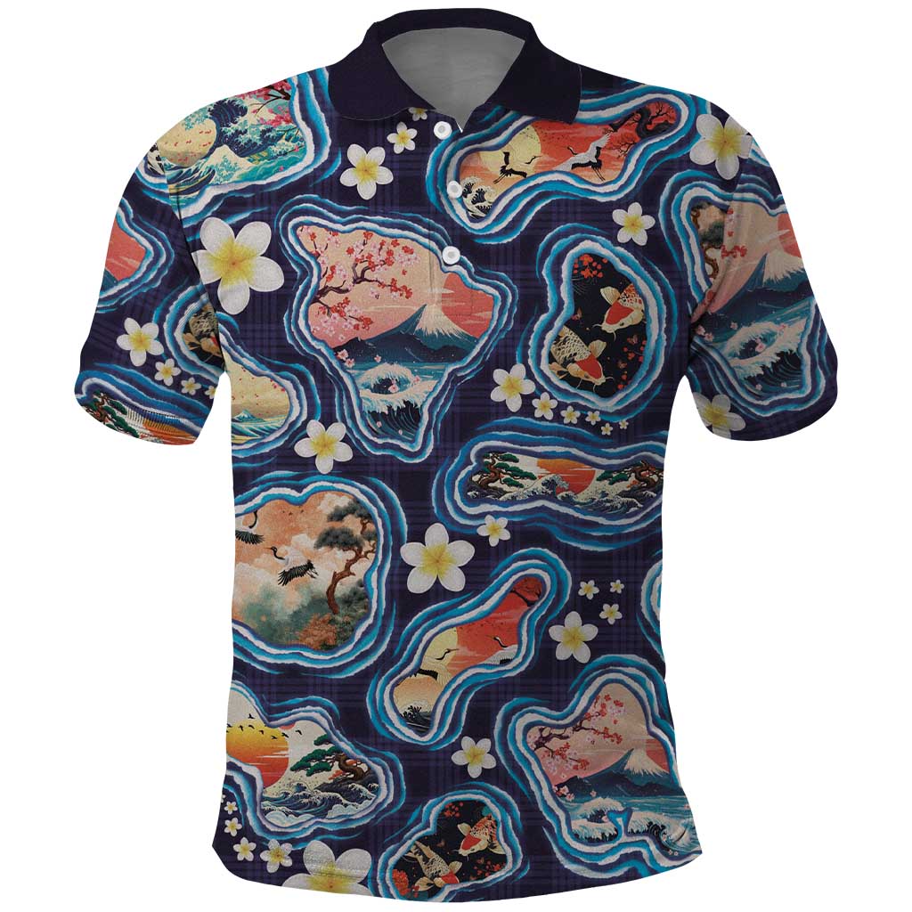 Hawaii Islands Map Design with Japanese Landscape Polo Shirt Hawaiian Japan Fusion Art Navy Color