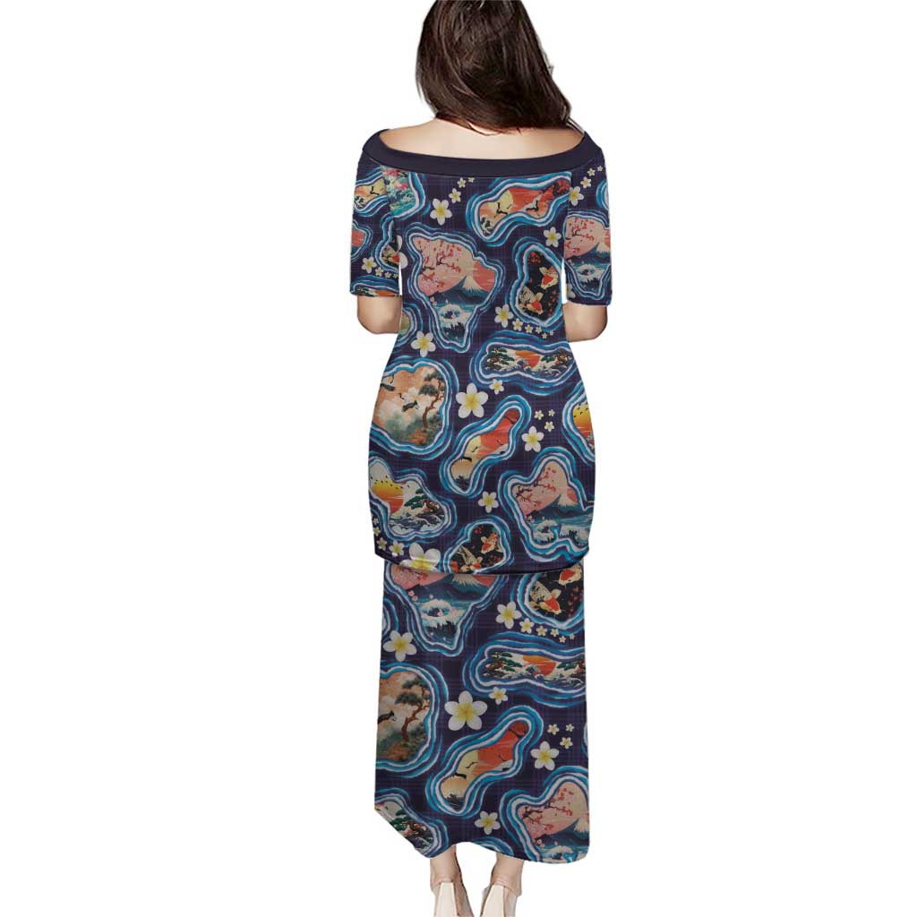 Hawaii Islands Map Design with Japanese Landscape Puletasi Hawaiian Japan Fusion Art Navy Color