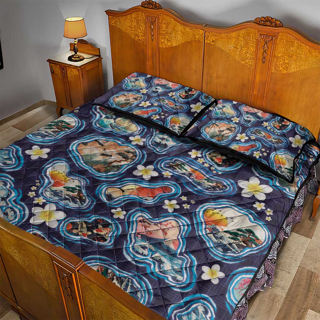 Hawaii Islands Map Design with Japanese Landscape Quilt Bed Set Hawaiian Japan Fusion Art Navy Color