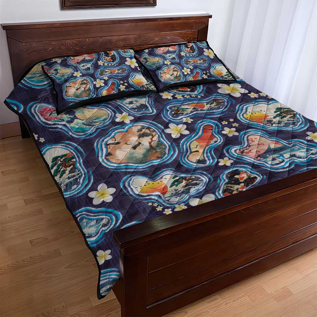 Hawaii Islands Map Design with Japanese Landscape Quilt Bed Set Hawaiian Japan Fusion Art Navy Color
