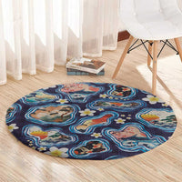 Hawaii Islands Map Design with Japanese Landscape Round Carpet Hawaiian Japan Fusion Art Navy Color