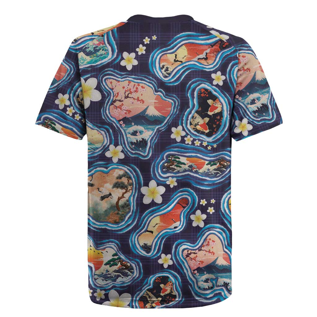 Hawaii Islands Map Design with Japanese Landscape Rugby Jersey Hawaiian Japan Fusion Art Navy Color