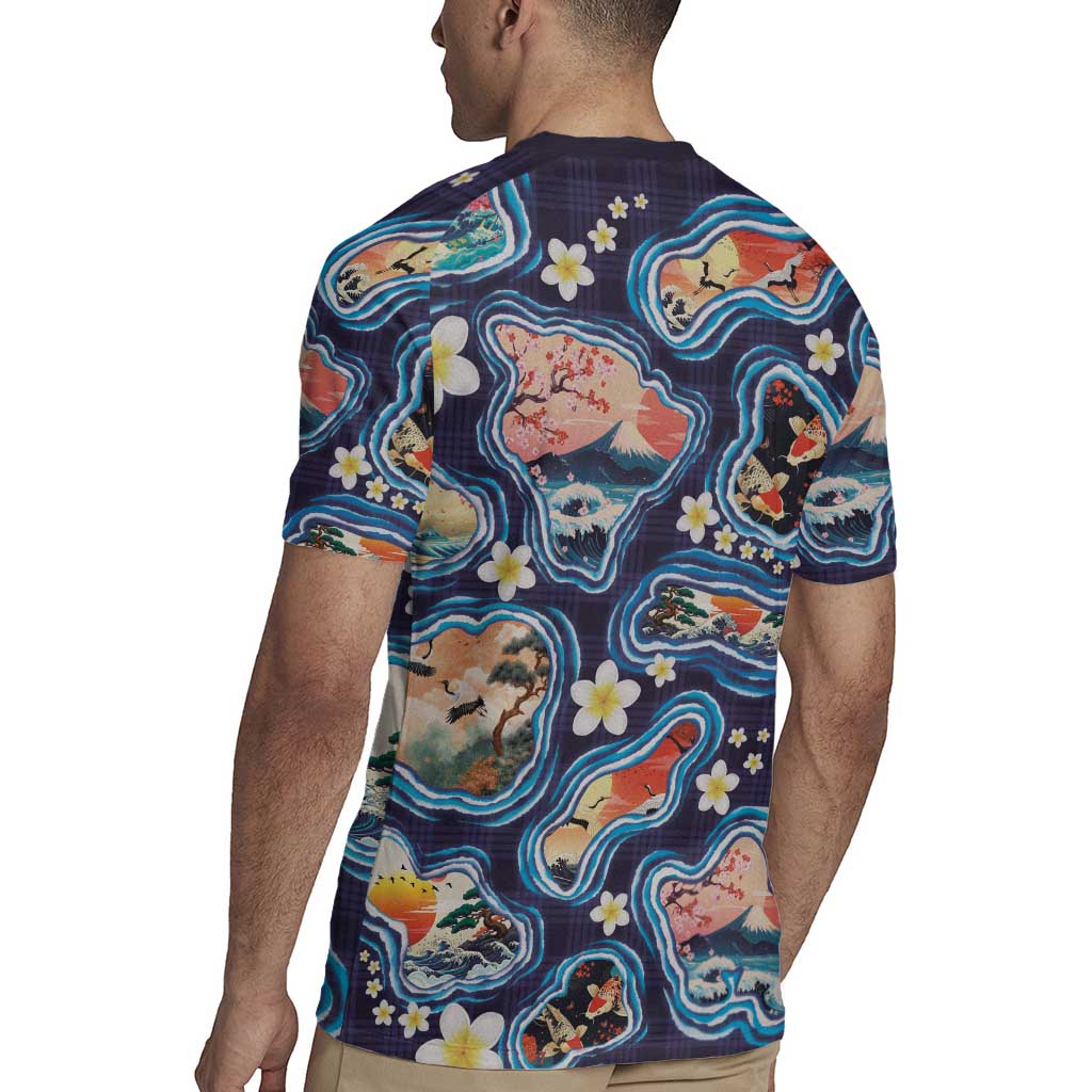 Hawaii Islands Map Design with Japanese Landscape Rugby Jersey Hawaiian Japan Fusion Art Navy Color