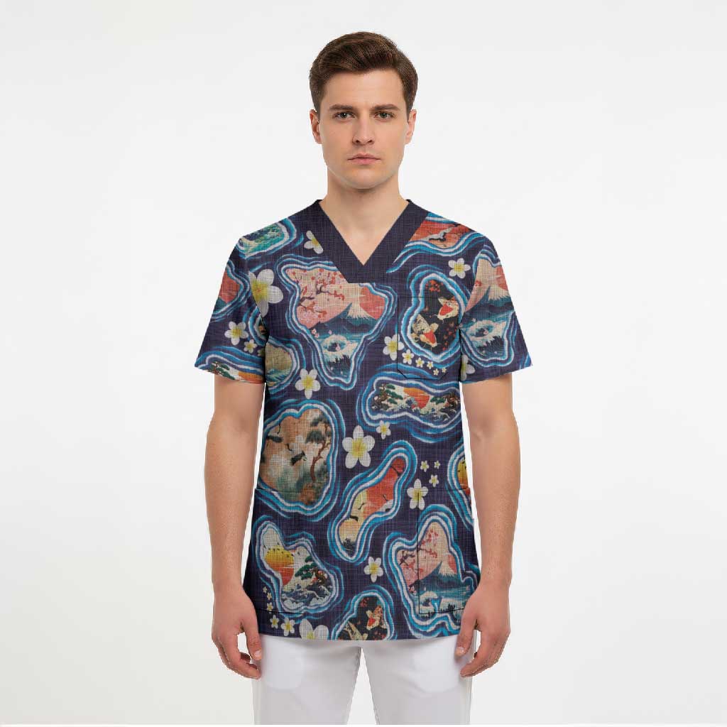Hawaii Islands Map Design with Japanese Landscape Scrub Top Hawaiian Japan Fusion Art Navy Color