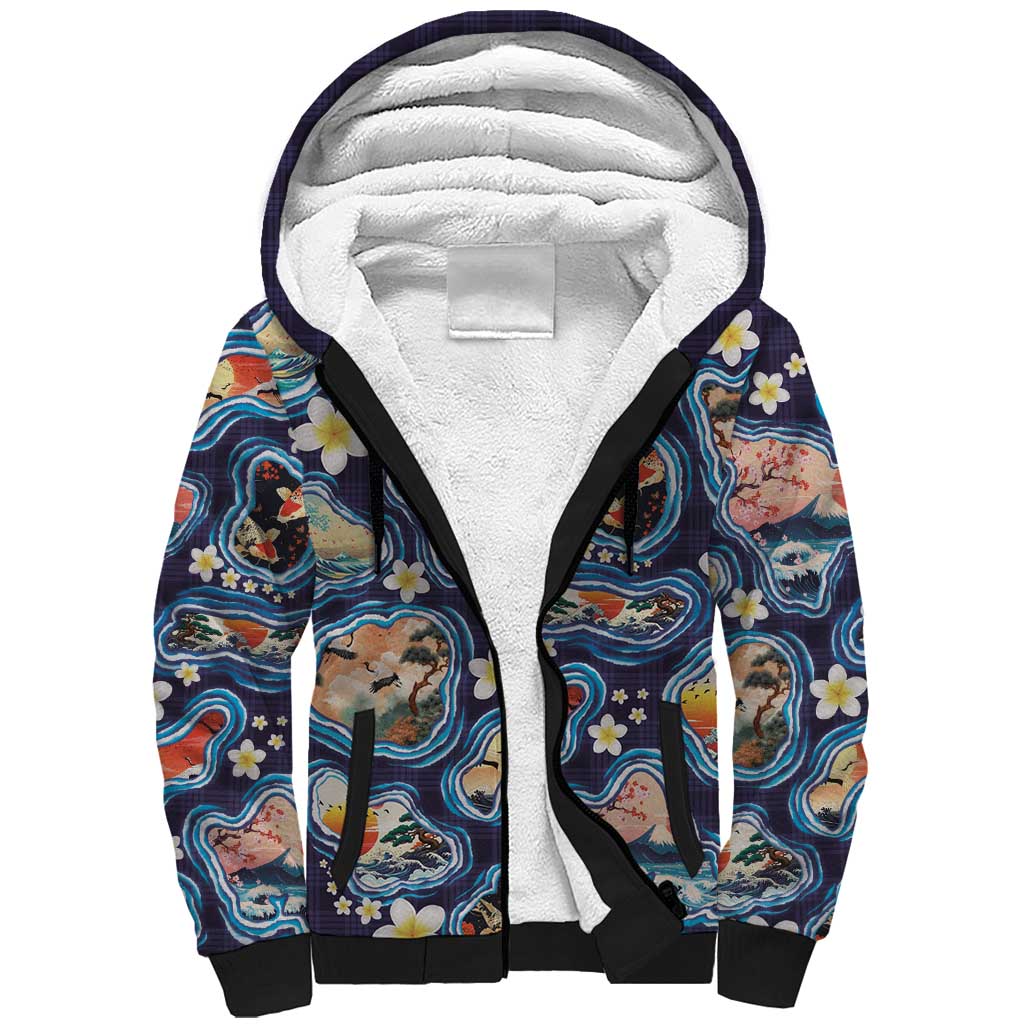 Hawaii Islands Map Design with Japanese Landscape Sherpa Hoodie Hawaiian Japan Fusion Art Navy Color LT03 Unisex Navy - Polynesian Pride
