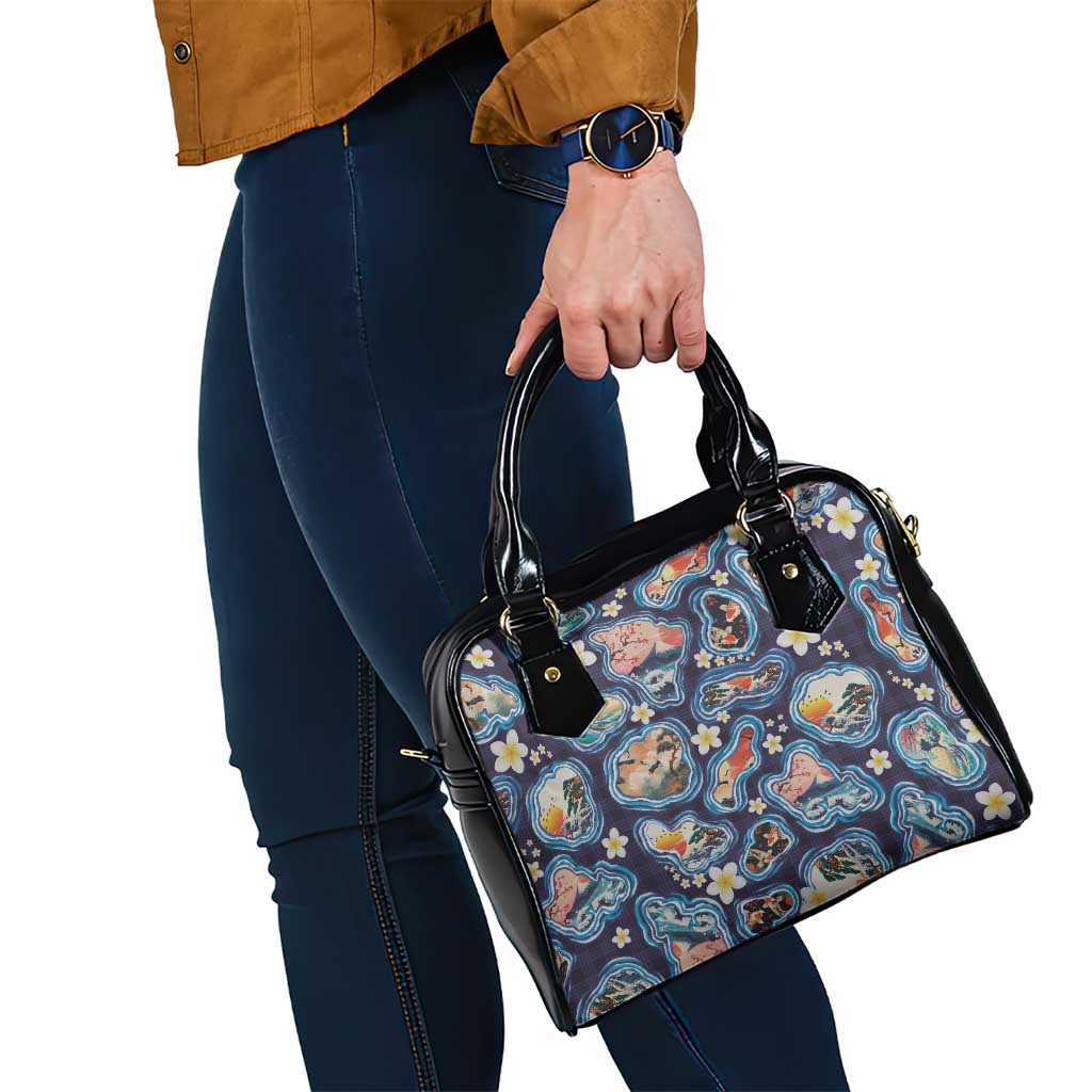 Hawaii Islands Map Design with Japanese Landscape Shoulder Handbag Hawaiian Japan Fusion Art Navy Color