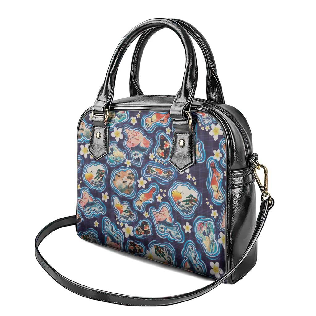 Hawaii Islands Map Design with Japanese Landscape Shoulder Handbag Hawaiian Japan Fusion Art Navy Color