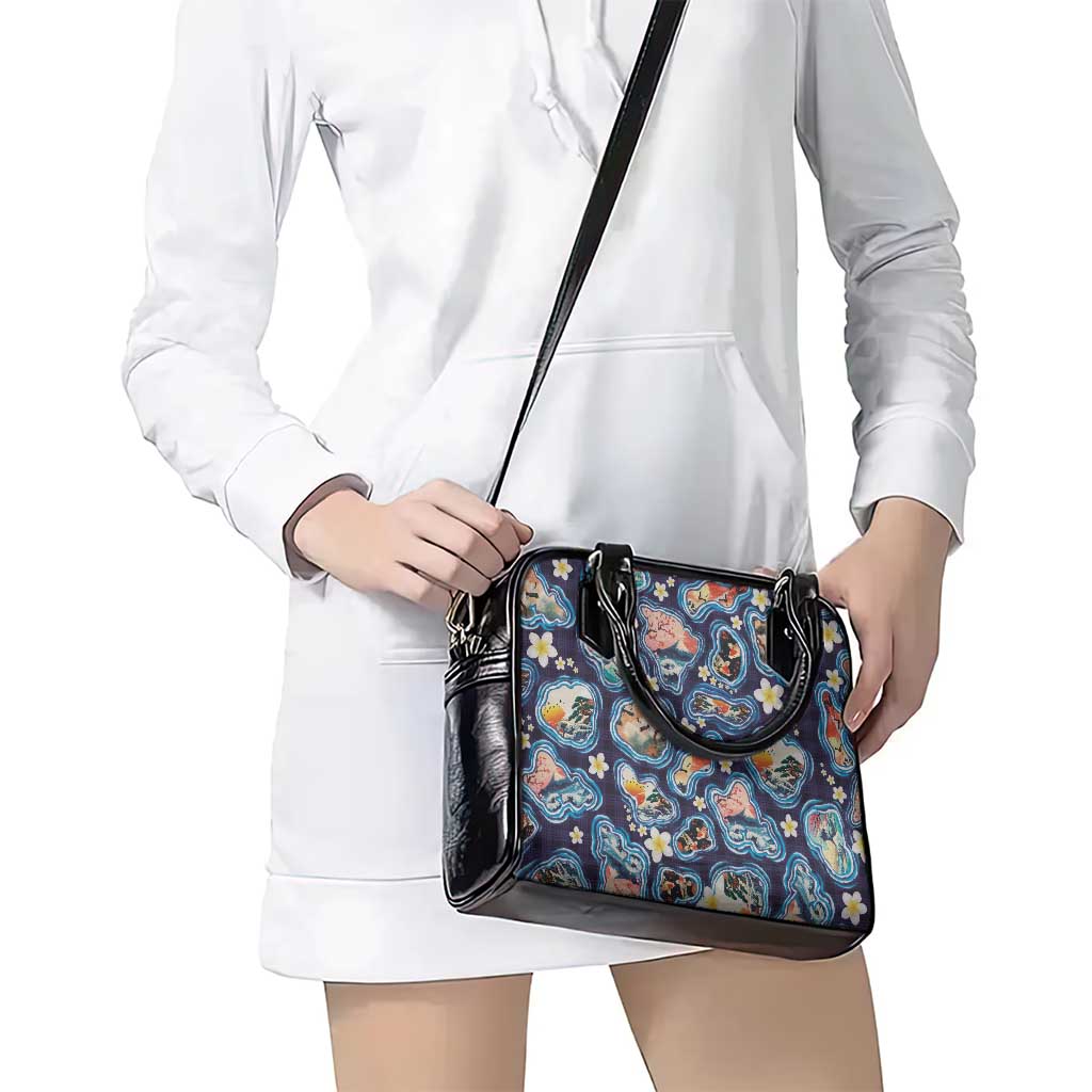 Hawaii Islands Map Design with Japanese Landscape Shoulder Handbag Hawaiian Japan Fusion Art Navy Color