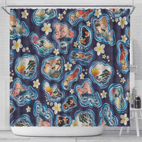 Hawaii Islands Map Design with Japanese Landscape Shower Curtain Hawaiian Japan Fusion Art Navy Color