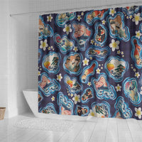 Hawaii Islands Map Design with Japanese Landscape Shower Curtain Hawaiian Japan Fusion Art Navy Color