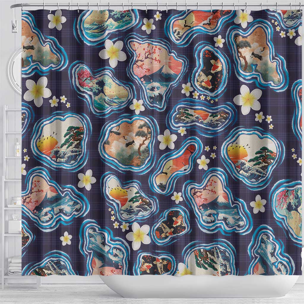 Hawaii Islands Map Design with Japanese Landscape Shower Curtain Hawaiian Japan Fusion Art Navy Color