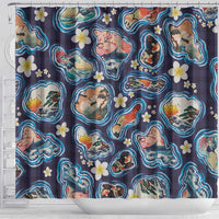 Hawaii Islands Map Design with Japanese Landscape Shower Curtain Hawaiian Japan Fusion Art Navy Color