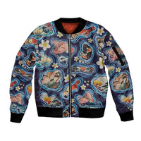 Hawaii Islands Map Design with Japanese Landscape Sleeve Zip Bomber Jacket Hawaiian Japan Fusion Art Navy Color