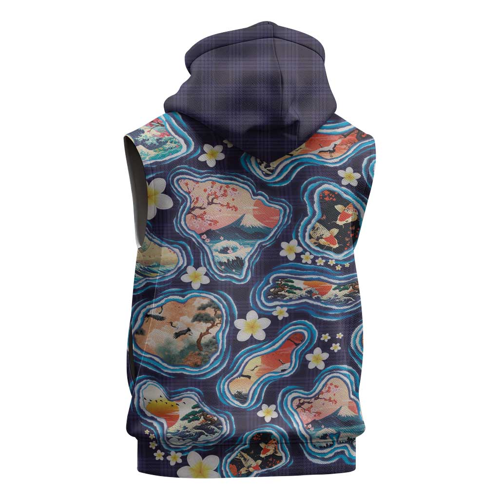 Hawaii Islands Map Design with Japanese Landscape Sleeveless Zip Hoodie Hawaiian Japan Fusion Art Navy Color LT03 - Polynesian Pride