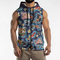 Hawaii Islands Map Design with Japanese Landscape Sleeveless Zip Hoodie Hawaiian Japan Fusion Art Navy Color LT03 - Polynesian Pride