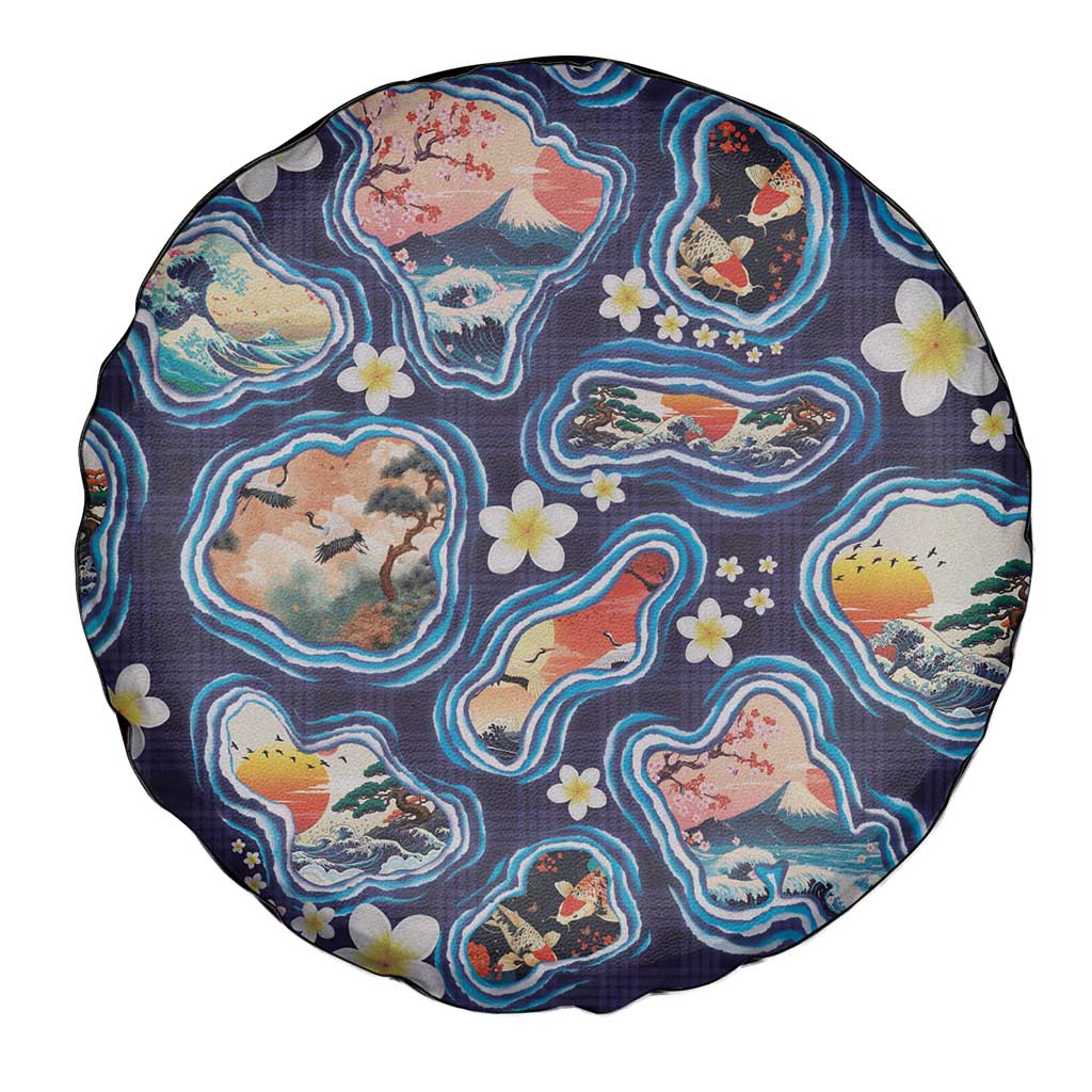 Hawaii Islands Map Design with Japanese Landscape Spare Tire Cover Hawaiian Japan Fusion Art Navy Color LT03 - Polynesian Pride