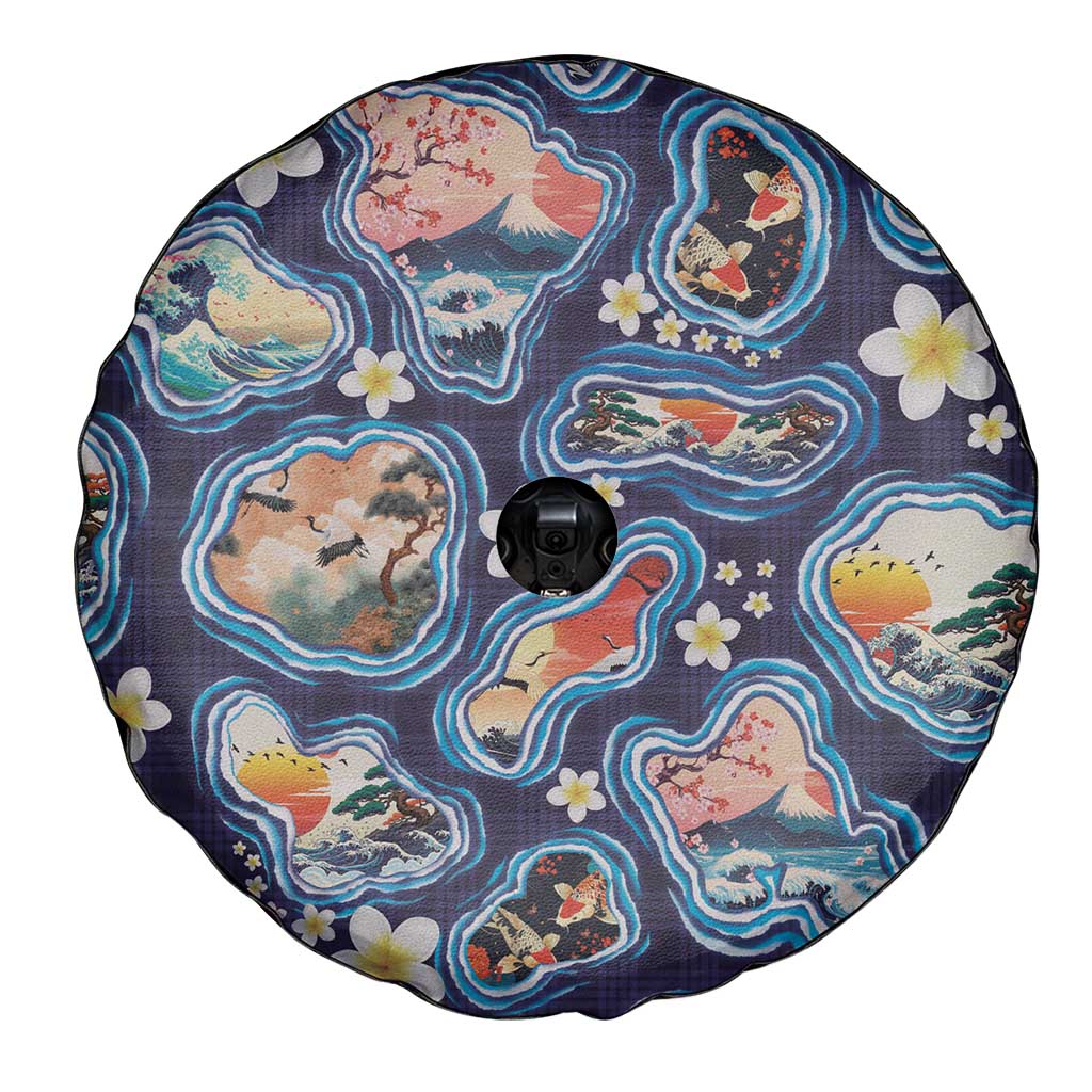 Hawaii Islands Map Design with Japanese Landscape Spare Tire Cover Hawaiian Japan Fusion Art Navy Color LT03 - Polynesian Pride