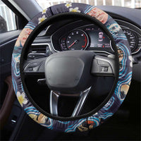 Hawaii Islands Map Design with Japanese Landscape Steering Wheel Cover Hawaiian Japan Fusion Art Navy Color