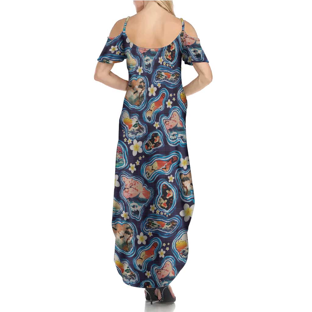 Hawaii Islands Map Design with Japanese Landscape Summer Maxi Dress Hawaiian Japan Fusion Art Navy Color