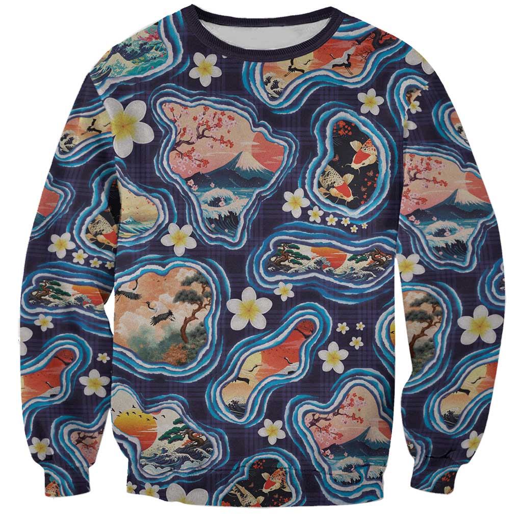 Hawaii Islands Map Design with Japanese Landscape Sweatshirt Hawaiian Japan Fusion Art Navy Color