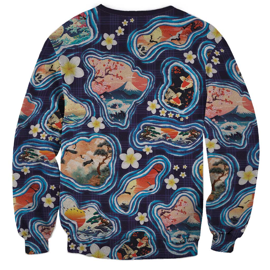 Hawaii Islands Map Design with Japanese Landscape Sweatshirt Hawaiian Japan Fusion Art Navy Color