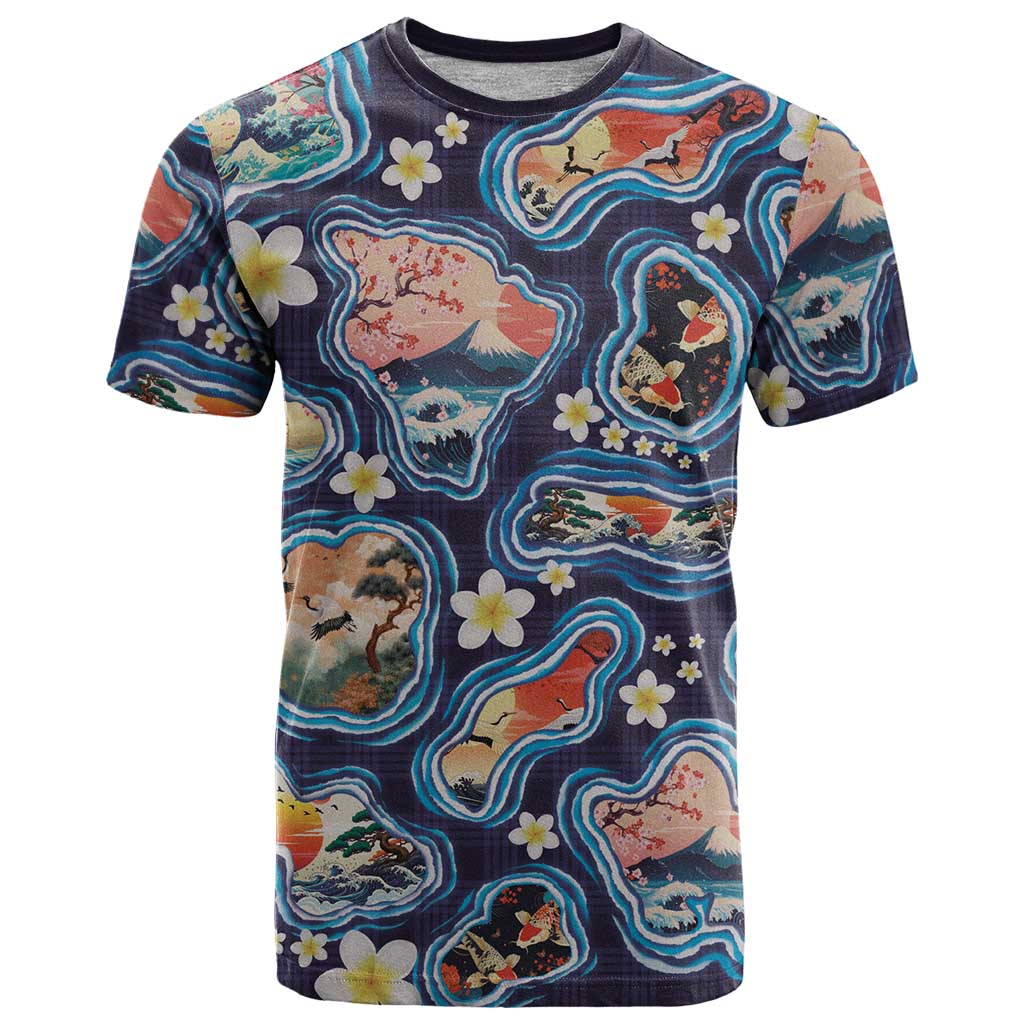 Hawaii Islands Map Design with Japanese Landscape T Shirt Hawaiian Japan Fusion Art Navy Color