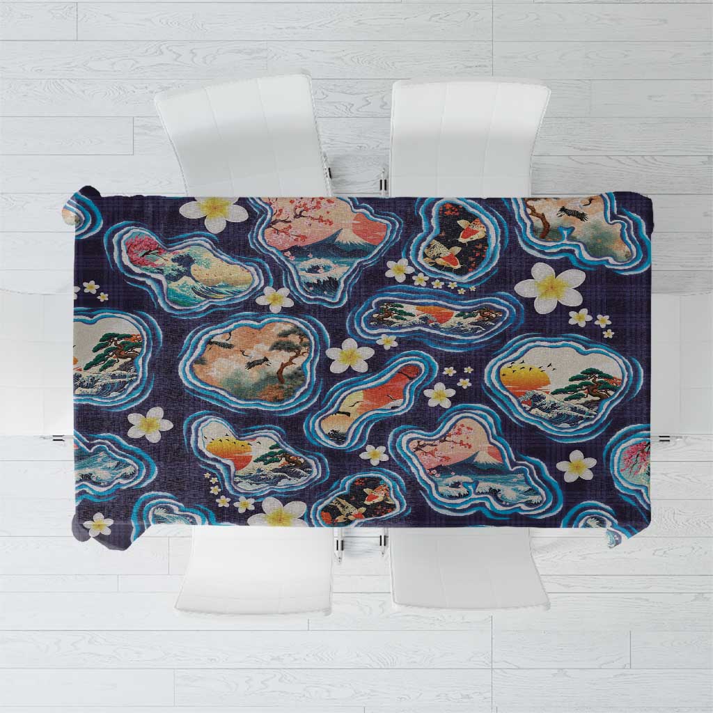 Hawaii Islands Map Design with Japanese Landscape Tablecloth Hawaiian Japan Fusion Art Navy Color