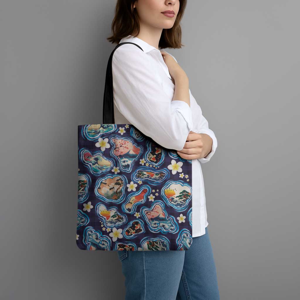 Hawaii Islands Map Design with Japanese Landscape Tote Bag Hawaiian Japan Fusion Art Navy Color