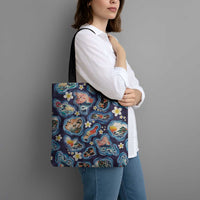 Hawaii Islands Map Design with Japanese Landscape Tote Bag Hawaiian Japan Fusion Art Navy Color
