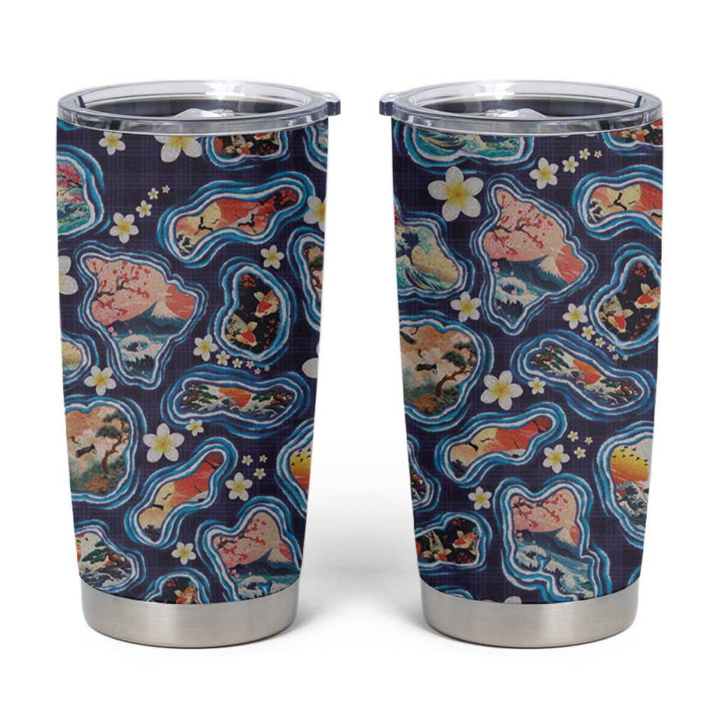 Hawaii Islands Map Design with Japanese Landscape Tumbler Cup Hawaiian Japan Fusion Art Navy Color