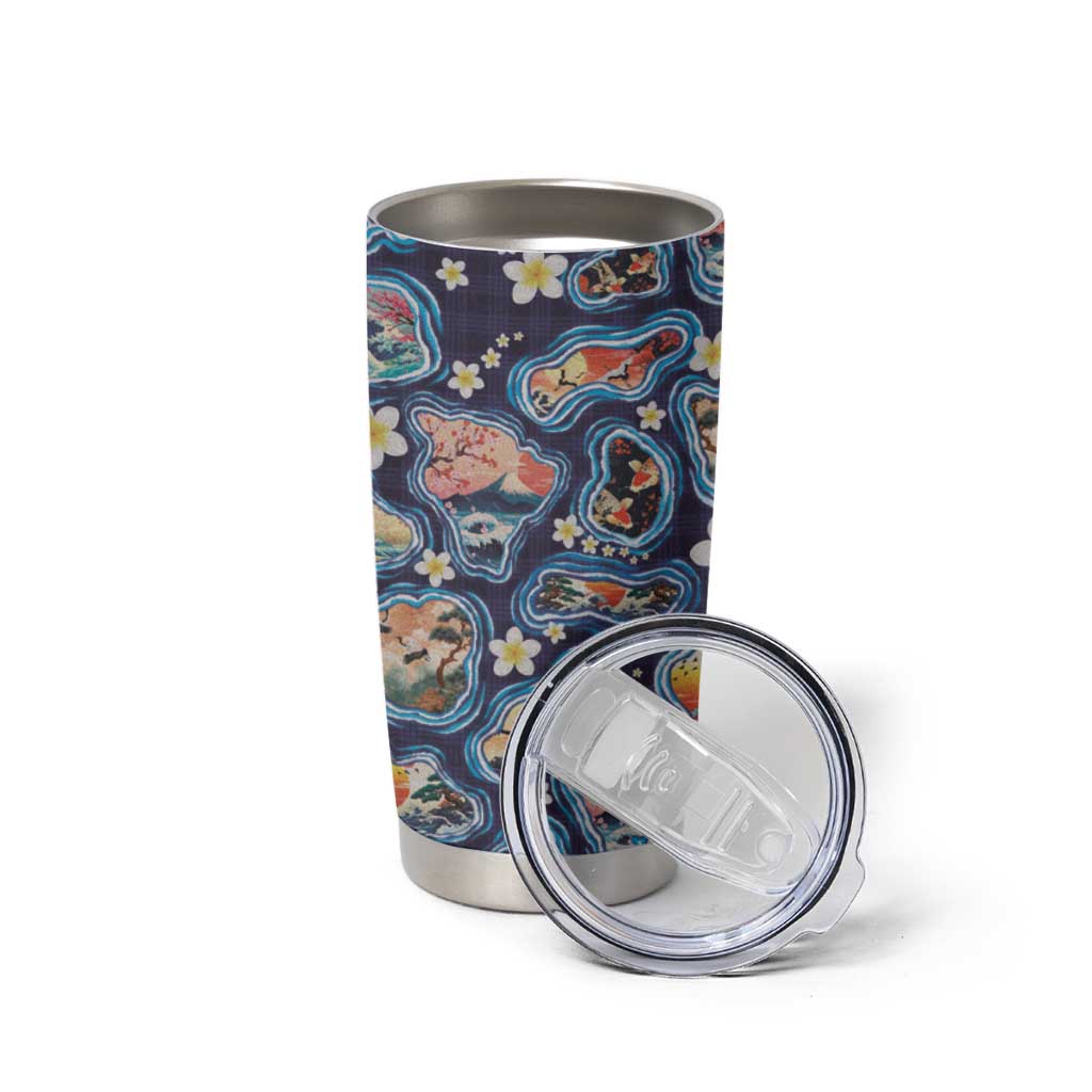 Hawaii Islands Map Design with Japanese Landscape Tumbler Cup Hawaiian Japan Fusion Art Navy Color