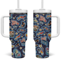 Hawaii Islands Map Design with Japanese Landscape Tumbler With Handle Hawaiian Japan Fusion Art Navy Color