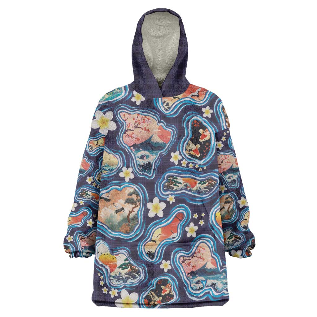 Hawaii Islands Map Design with Japanese Landscape Wearable Blanket Hoodie Hawaiian Japan Fusion Art Navy Color