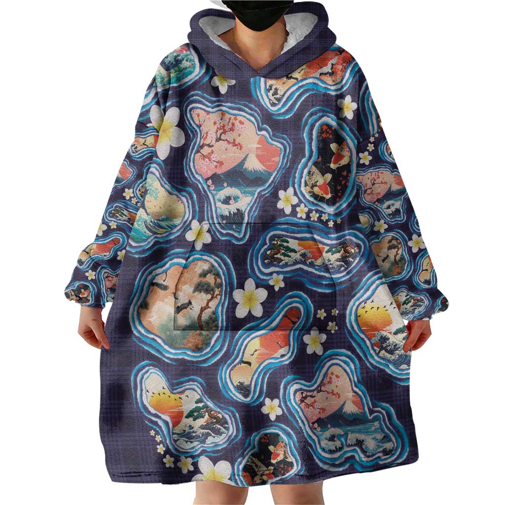 Hawaii Islands Map Design with Japanese Landscape Wearable Blanket Hoodie Hawaiian Japan Fusion Art Navy Color LT03 - Polynesian Pride
