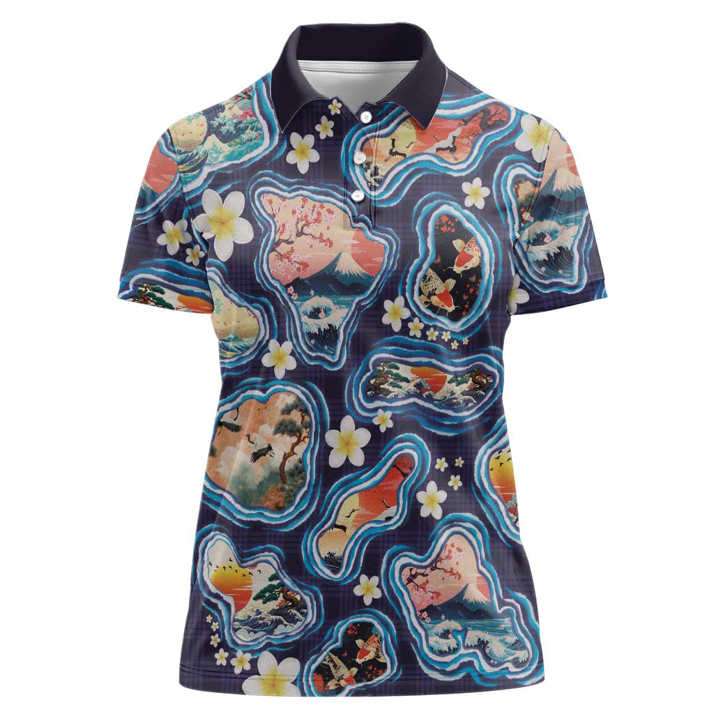 Hawaii Islands Map Design with Japanese Landscape Women Polo Shirt Hawaiian Japan Fusion Art Navy Color