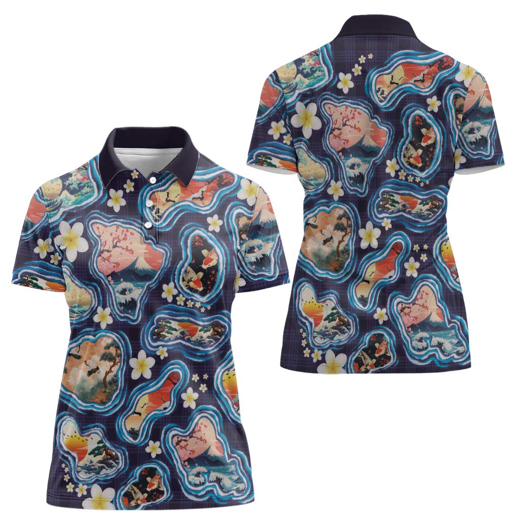 Hawaii Islands Map Design with Japanese Landscape Women Polo Shirt Hawaiian Japan Fusion Art Navy Color LT03 - Polynesian Pride