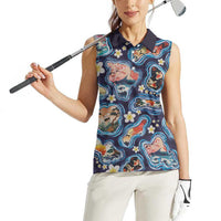 Hawaii Islands Map Design with Japanese Landscape Women Sleeveless Polo Shirt Hawaiian Japan Fusion Art Navy Color LT03 - Polynesian Pride
