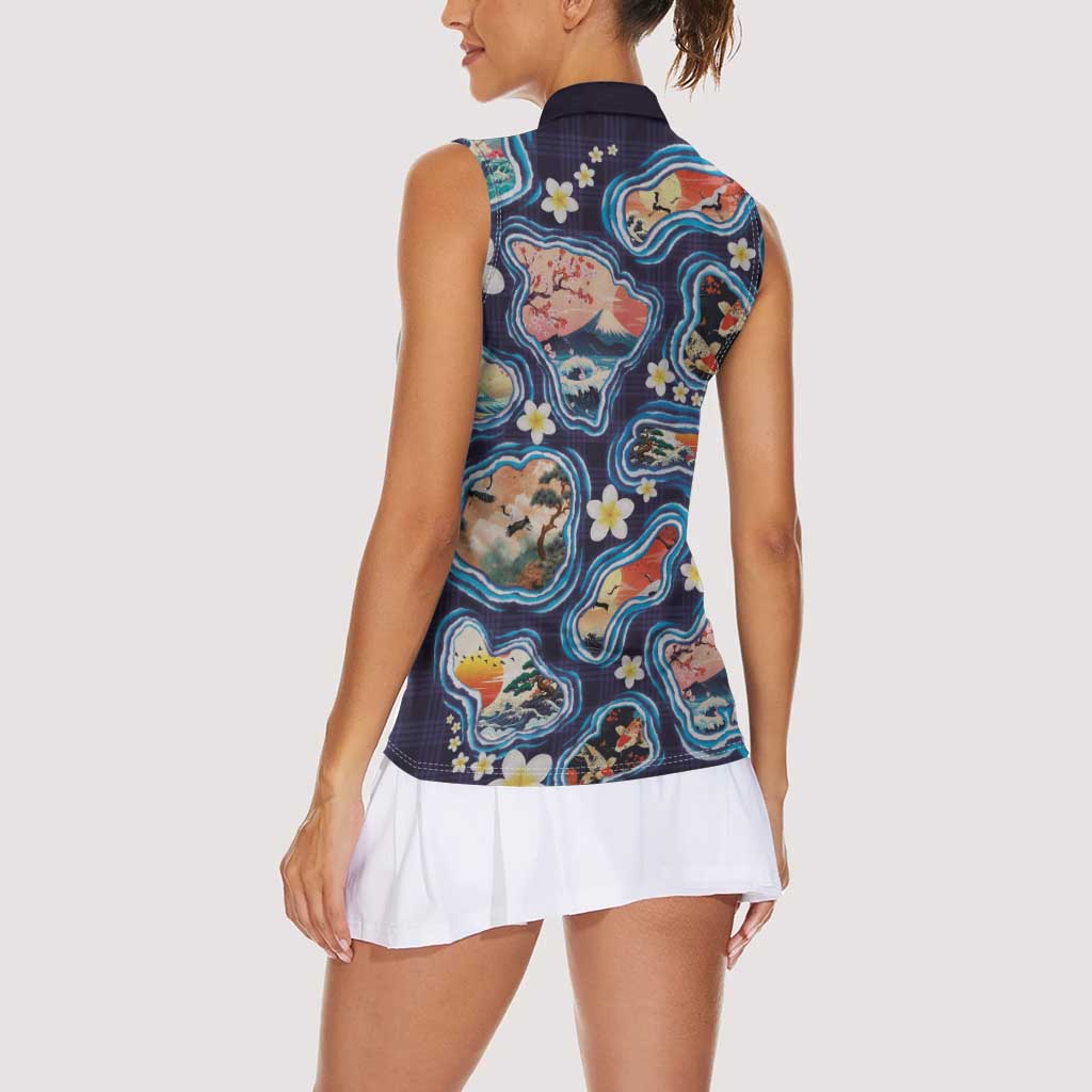 Hawaii Islands Map Design with Japanese Landscape Women Sleeveless Polo Shirt Hawaiian Japan Fusion Art Navy Color LT03 - Polynesian Pride