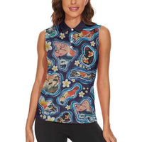 Hawaii Islands Map Design with Japanese Landscape Women Sleeveless Polo Shirt Hawaiian Japan Fusion Art Navy Color LT03 - Polynesian Pride