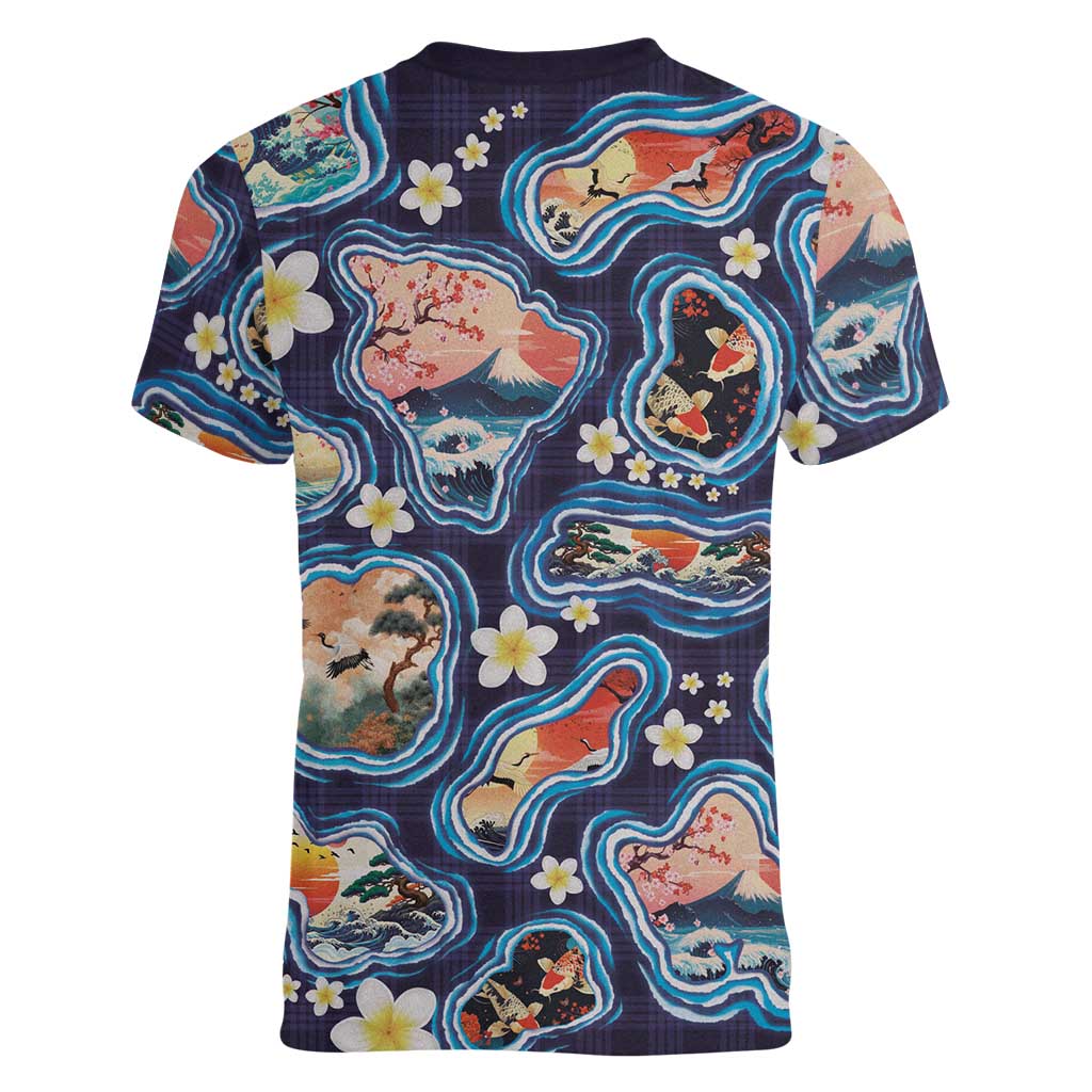 Hawaii Islands Map Design with Japanese Landscape Women V-Neck T-Shirt Hawaiian Japan Fusion Art Navy Color LT03 - Polynesian Pride