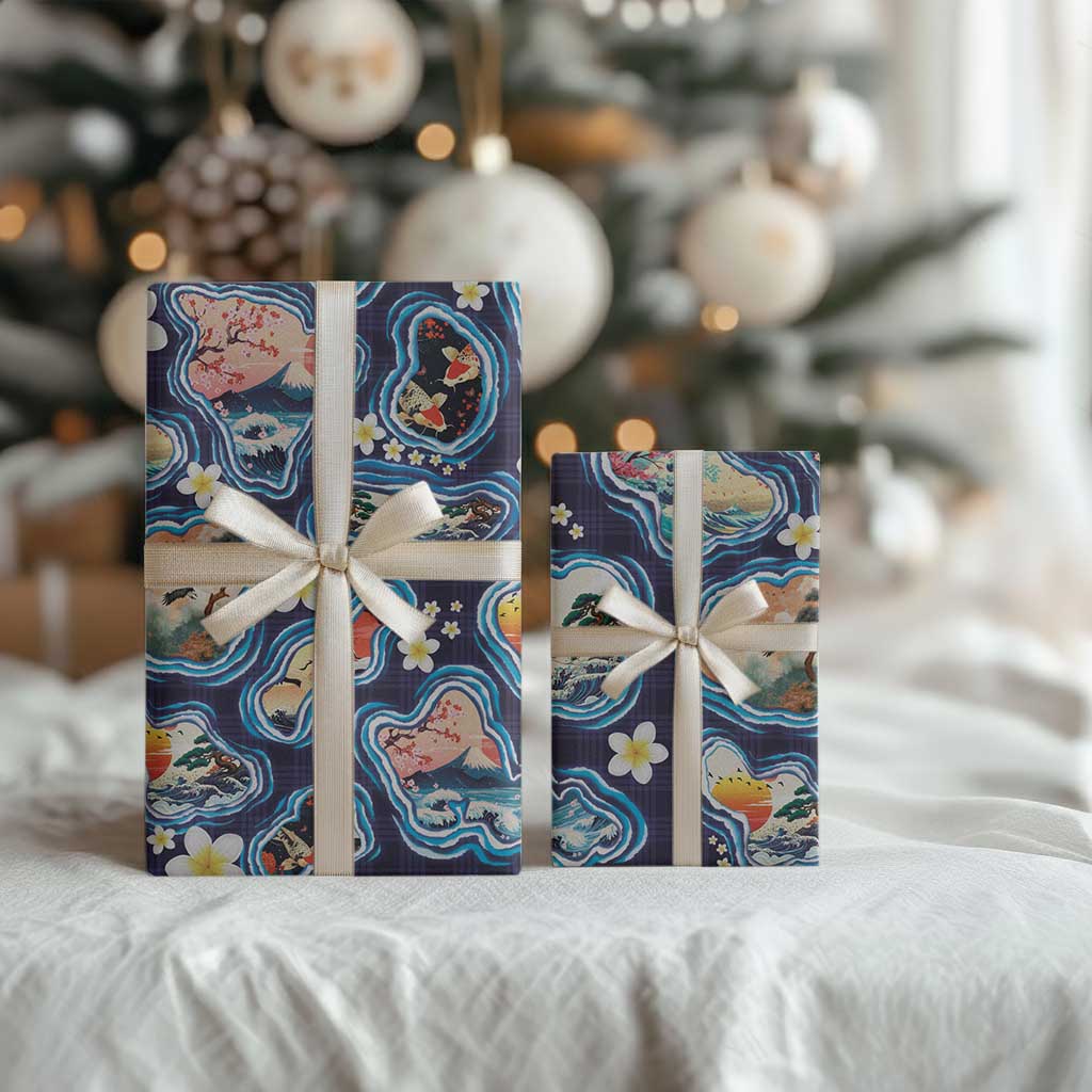 Hawaii Islands Map Design with Japanese Landscape Wrapping Paper Hawaiian Japan Fusion Art Navy Color