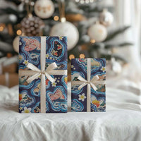 Hawaii Islands Map Design with Japanese Landscape Wrapping Paper Hawaiian Japan Fusion Art Navy Color