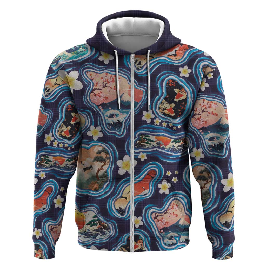 Hawaii Islands Map Design with Japanese Landscape Zip Hoodie Hawaiian Japan Fusion Art Navy Color