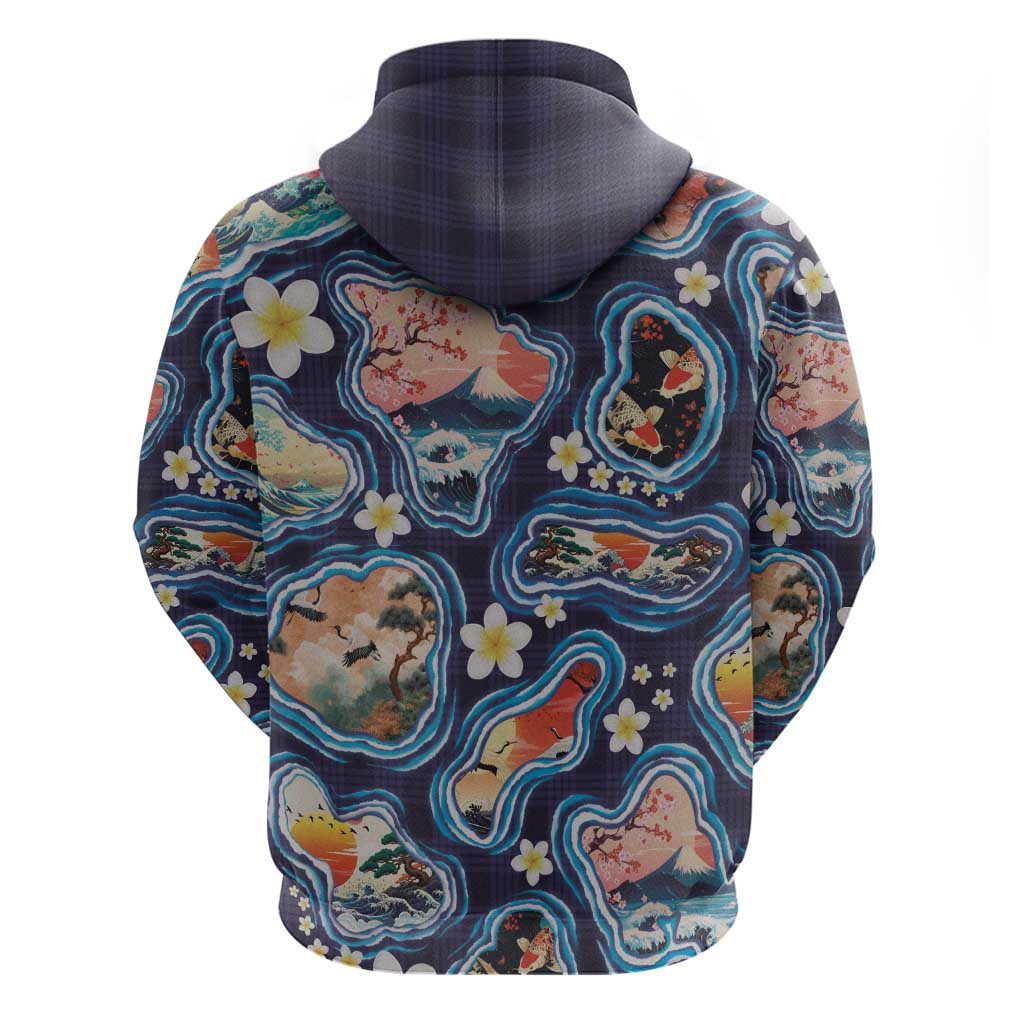 Hawaii Islands Map Design with Japanese Landscape Zip Hoodie Hawaiian Japan Fusion Art Navy Color LT03 - Polynesian Pride