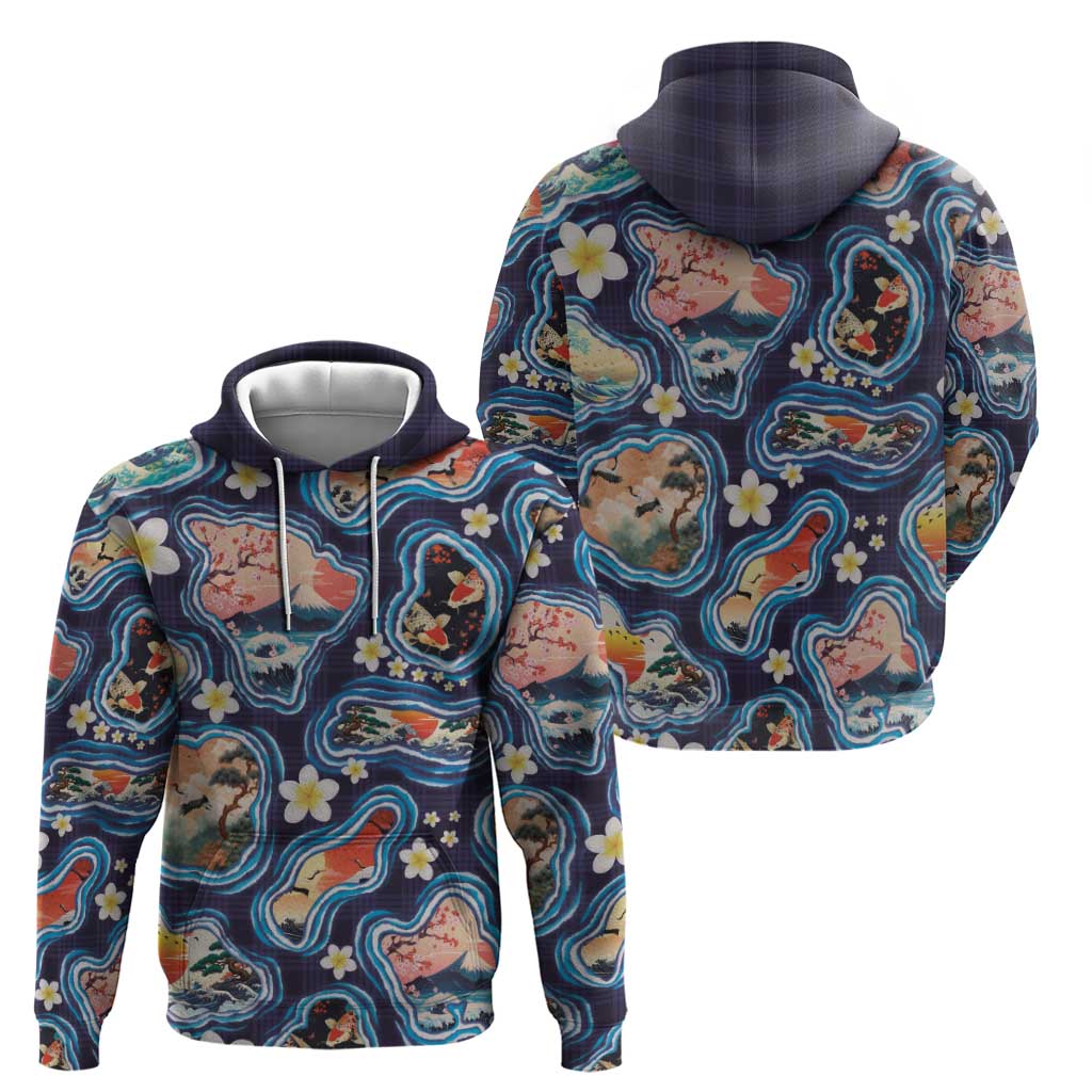 Hawaii Islands Map Design with Japanese Landscape Zip Hoodie Hawaiian Japan Fusion Art Navy Color LT03 - Polynesian Pride
