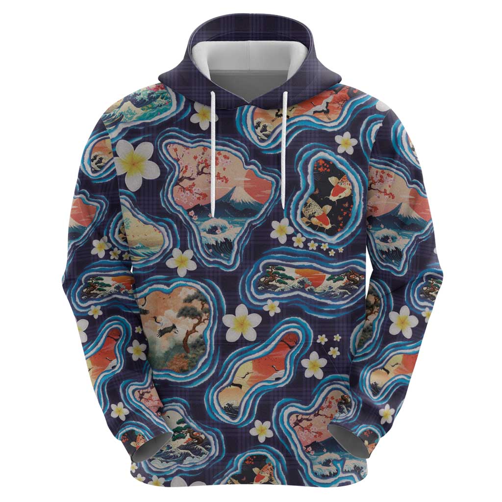 Hawaii Islands Map Design with Japanese Landscape Zip Hoodie Hawaiian Japan Fusion Art Navy Color LT03 - Polynesian Pride