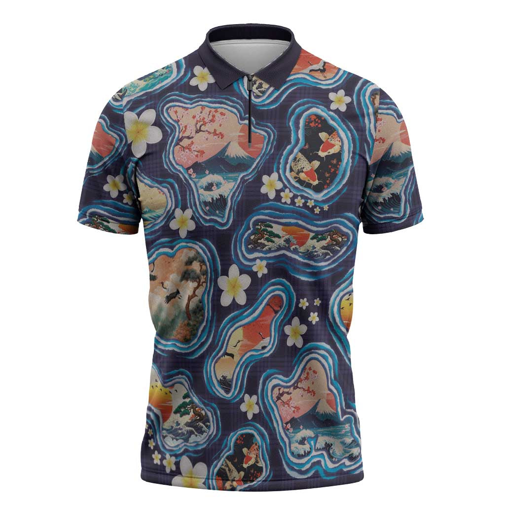 Hawaii Islands Map Design with Japanese Landscape Zipper Polo Shirt Hawaiian Japan Fusion Art Navy Color