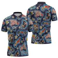 Hawaii Islands Map Design with Japanese Landscape Zipper Polo Shirt Hawaiian Japan Fusion Art Navy Color LT03 - Polynesian Pride
