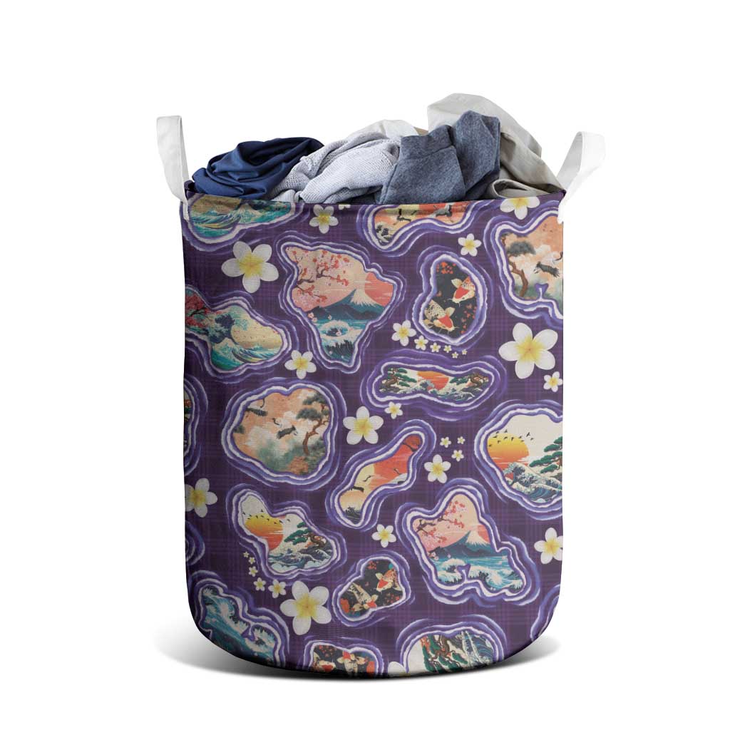 Hawaii Islands Map Design with Japanese Landscape Laundry Basket Hawaiian Japan Fusion Art Purple Color