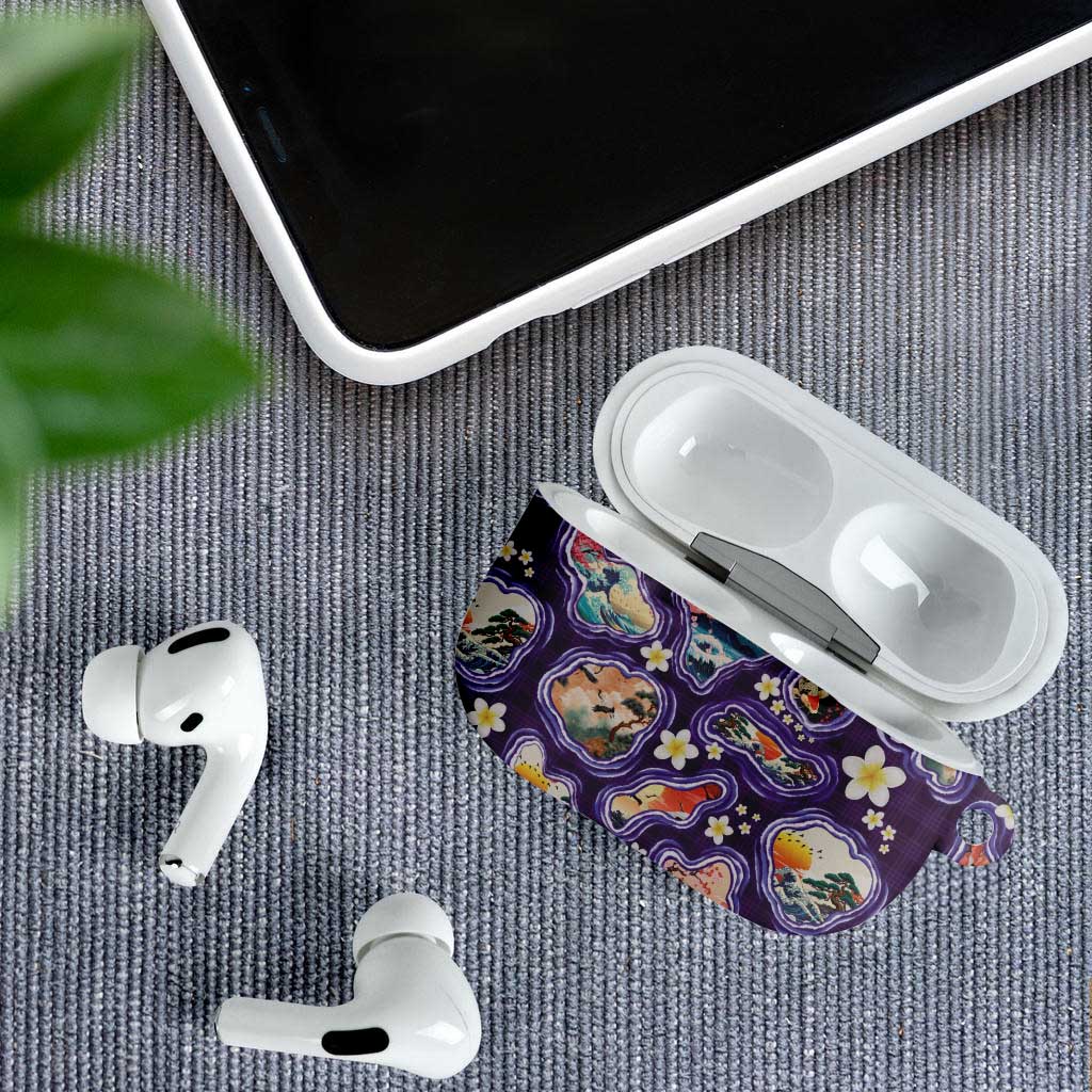 Hawaii Islands Map Design with Japanese Landscape AirPods Case Hawaiian Japan Fusion Art Purple Color